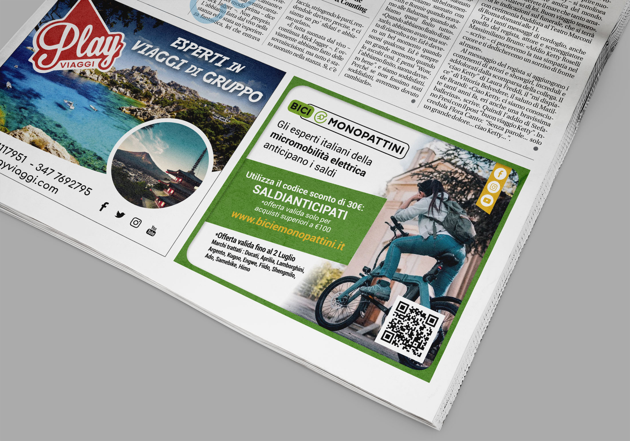 pubblicita-quotidiani-il-tirreno-PLAY VIAGGI e BICI E MONOPATTINI-impaginazione-grafica_FDSdesign
